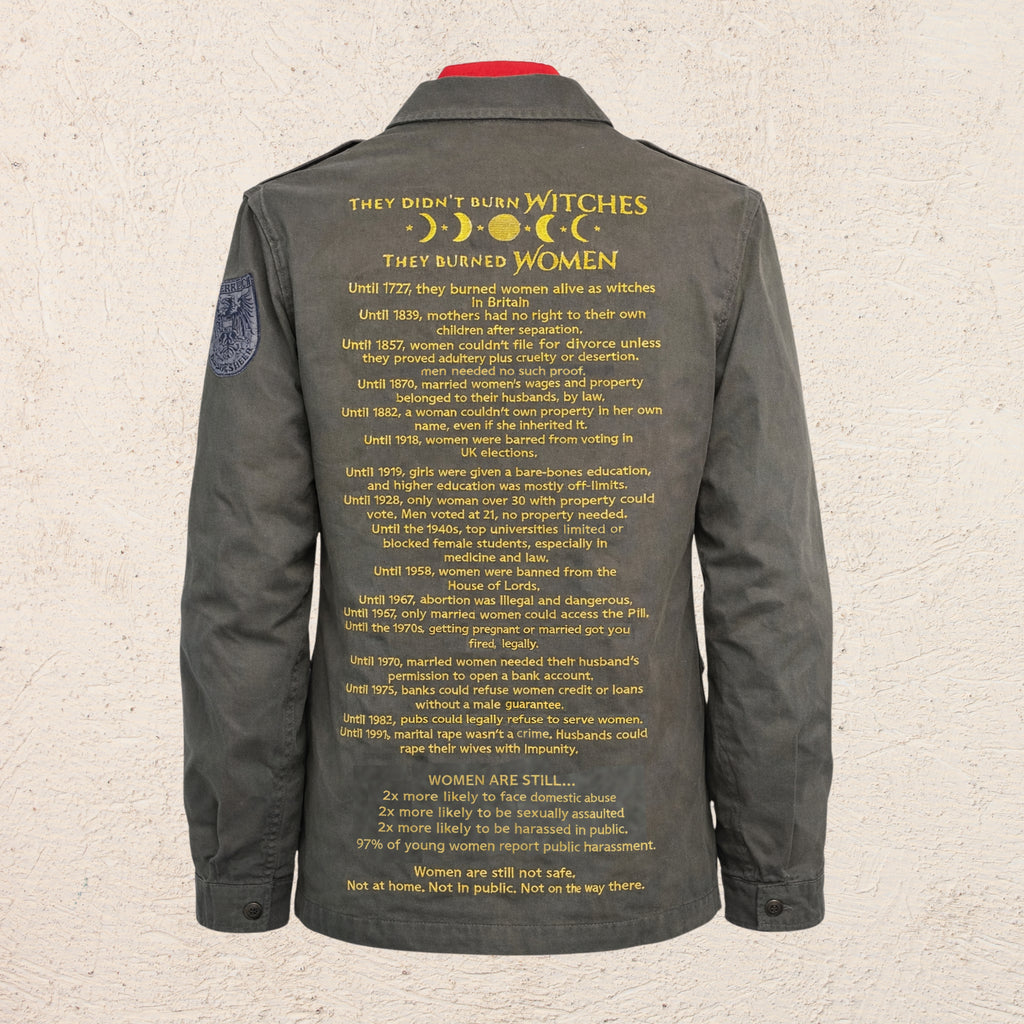 Still Not Equal, Women's Rights – Unisex Embroidered Repurposed Army Shirt | 20% go to The Girls’ Network