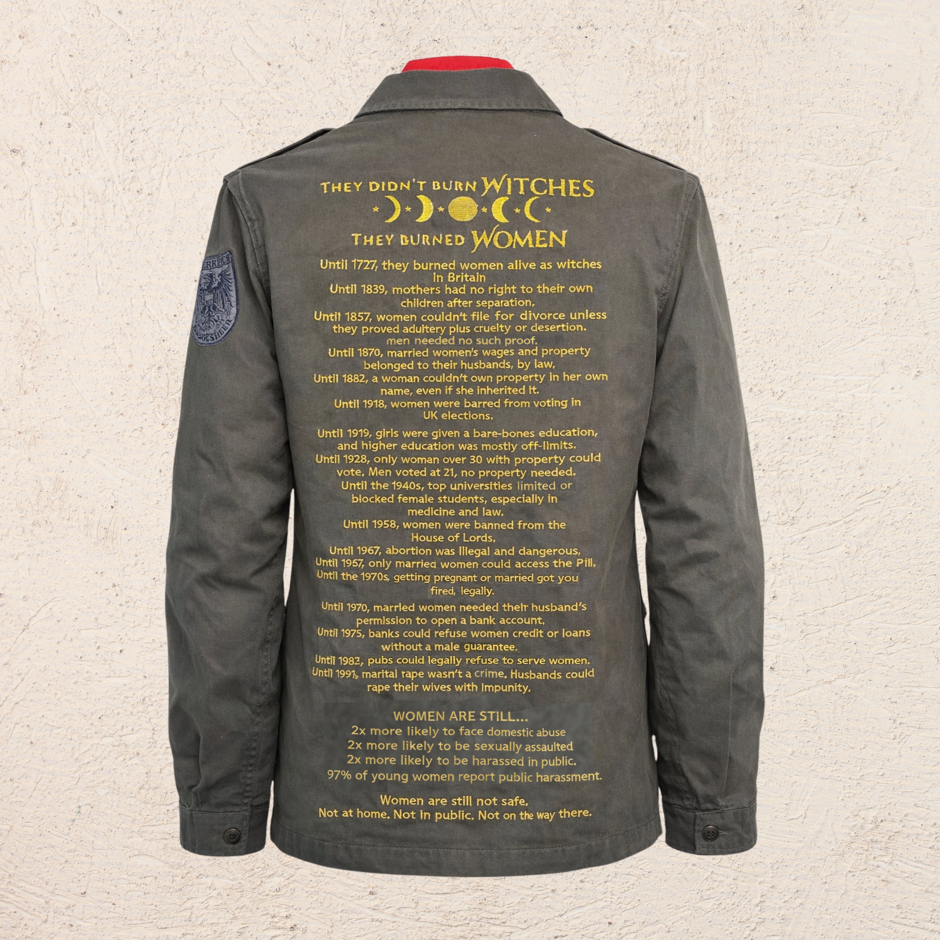 Still Not Equal, Women's Rights – Unisex Embroidered Repurposed Army Shirt | 20% go to The Girls’ Network