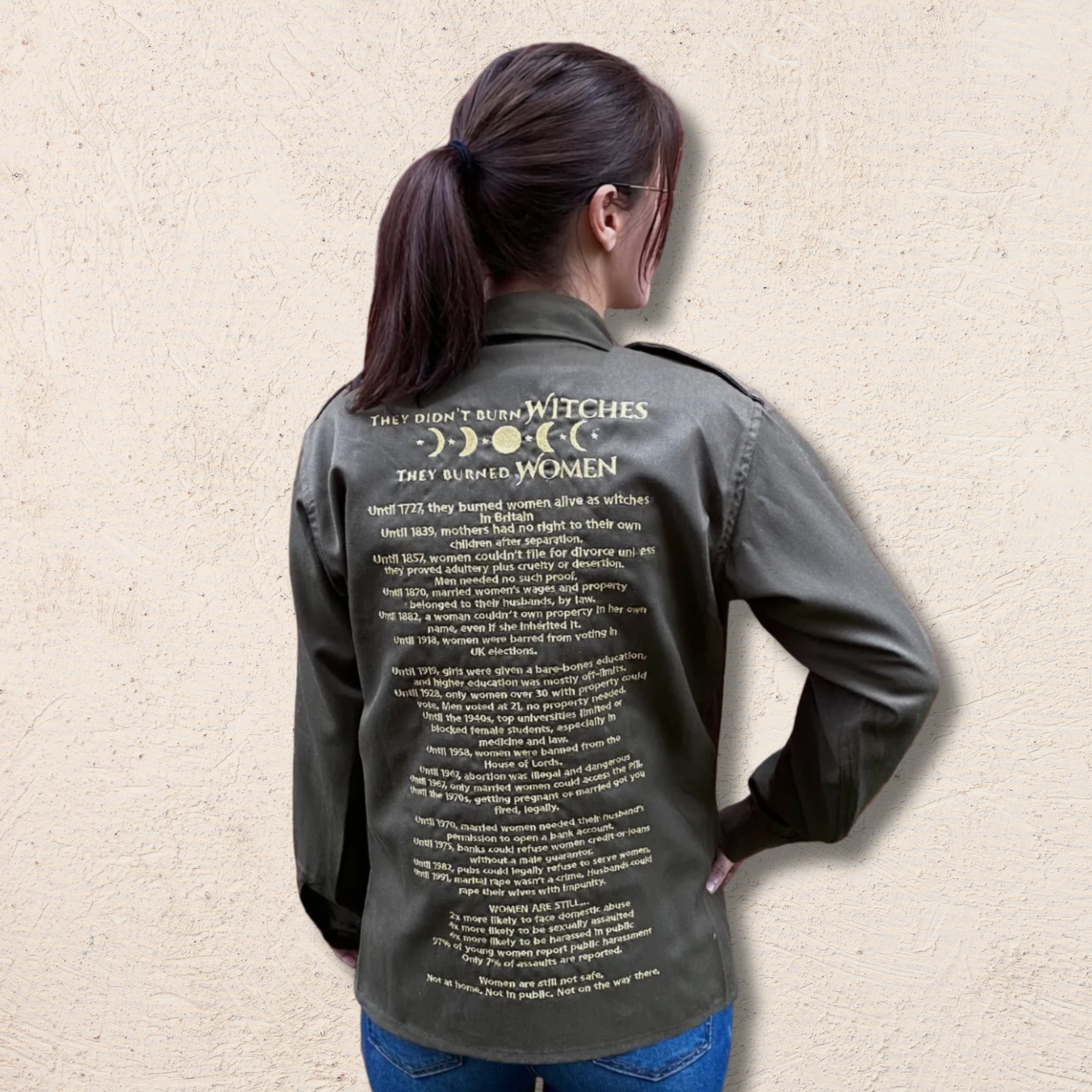 Still Not Equal, Women's Rights – Unisex Embroidered Repurposed Army Shirt | 20% go to The Girls’ Network