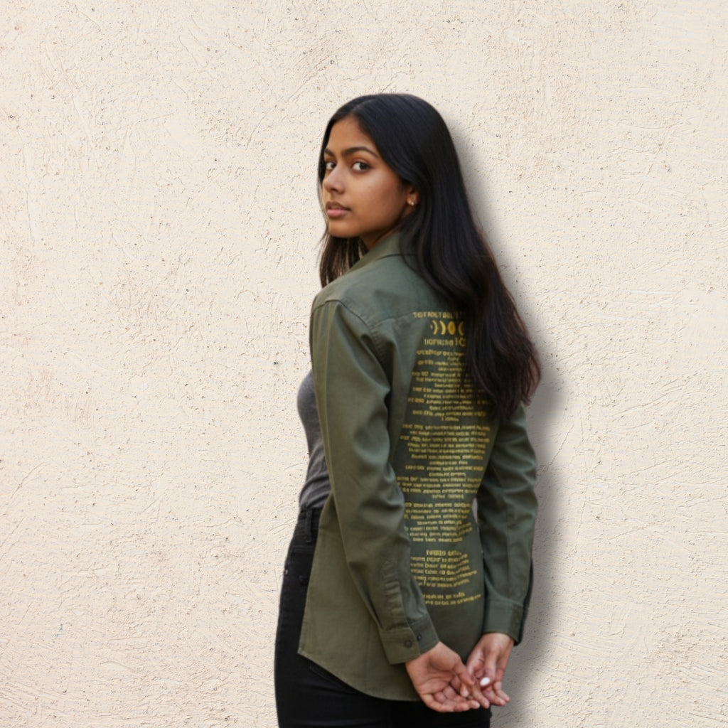 Still Not Equal, Women's Rights – Unisex Embroidered Repurposed Army Shirt | 20% go to The Girls’ Network