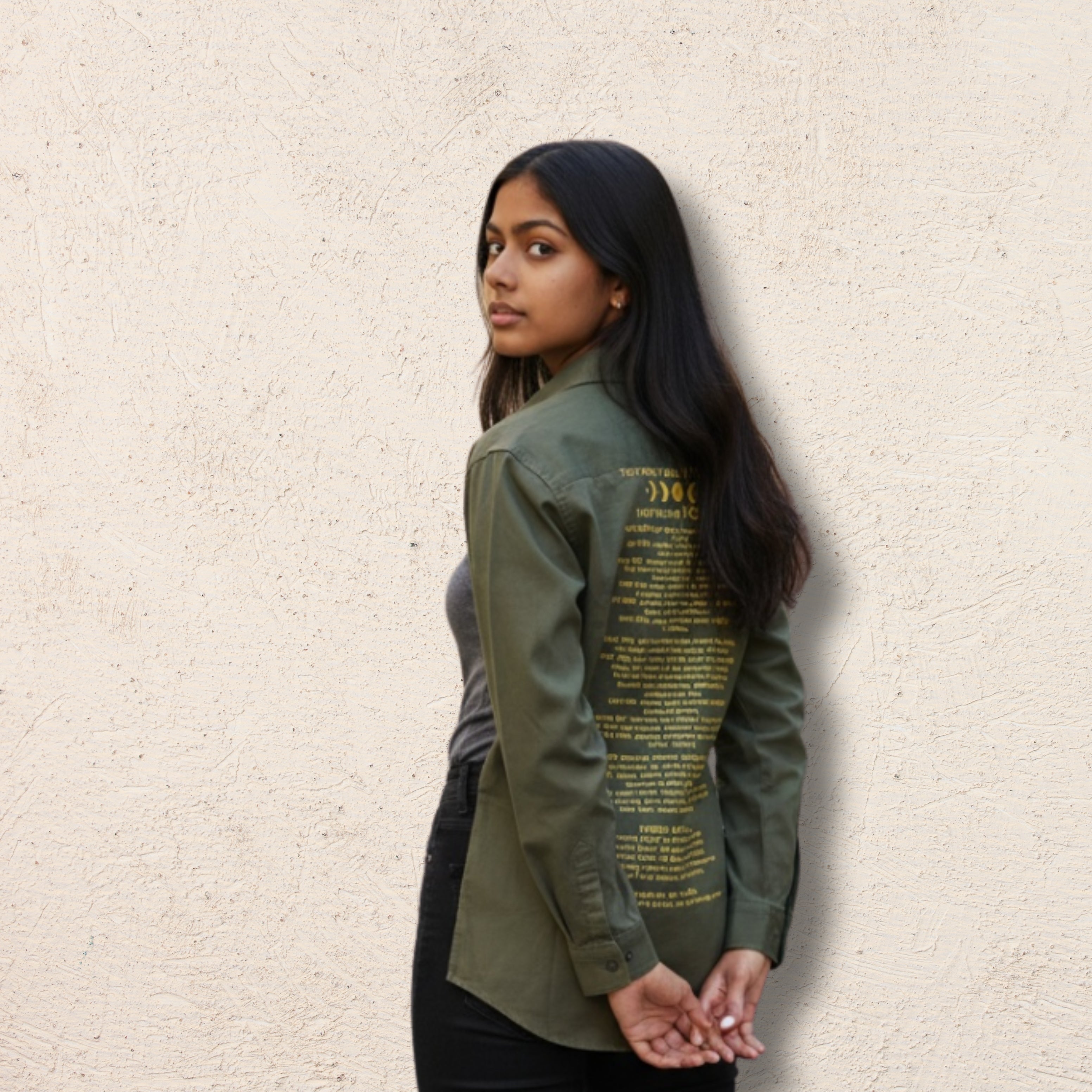 Still Not Equal, Women's Rights – Unisex Embroidered Repurposed Army Shirt | 20% go to The Girls’ Network
